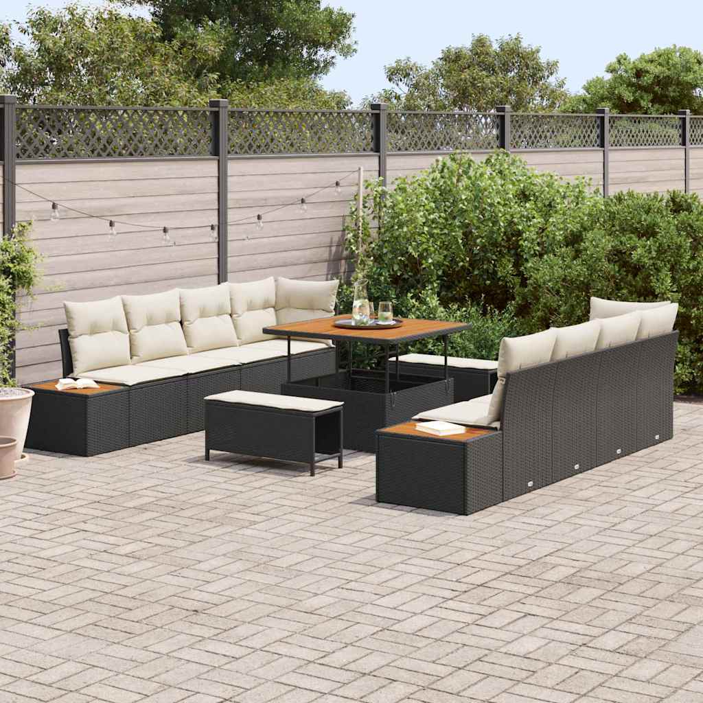 Conjunto de Sofá de Jardim com almofada 11 pcs Preto e Creme