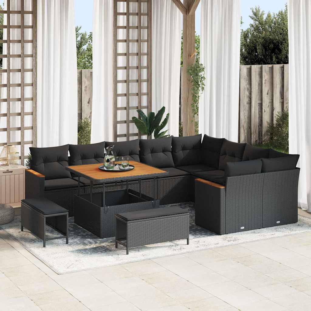 Conjunto de Sofá de Jardim com almofada Preto Rattan Sintético