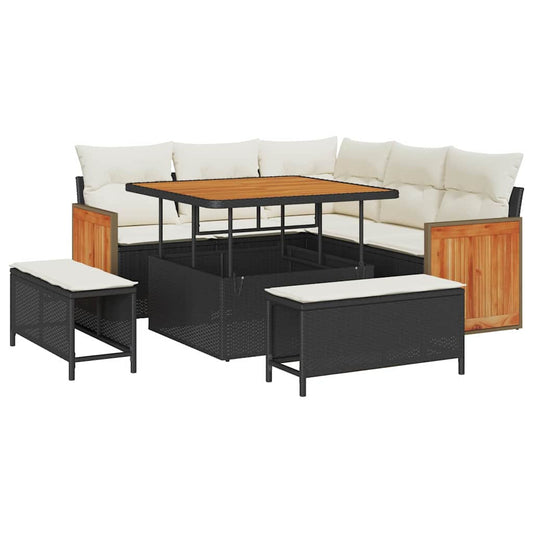 Conjunto de Sofá de Jardim 8 pcs Preto e Creme vime PE