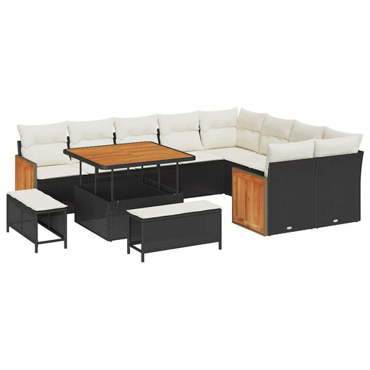 Conjunto de Sofá de Jardim 12 pcs Preto e Creme vime PE