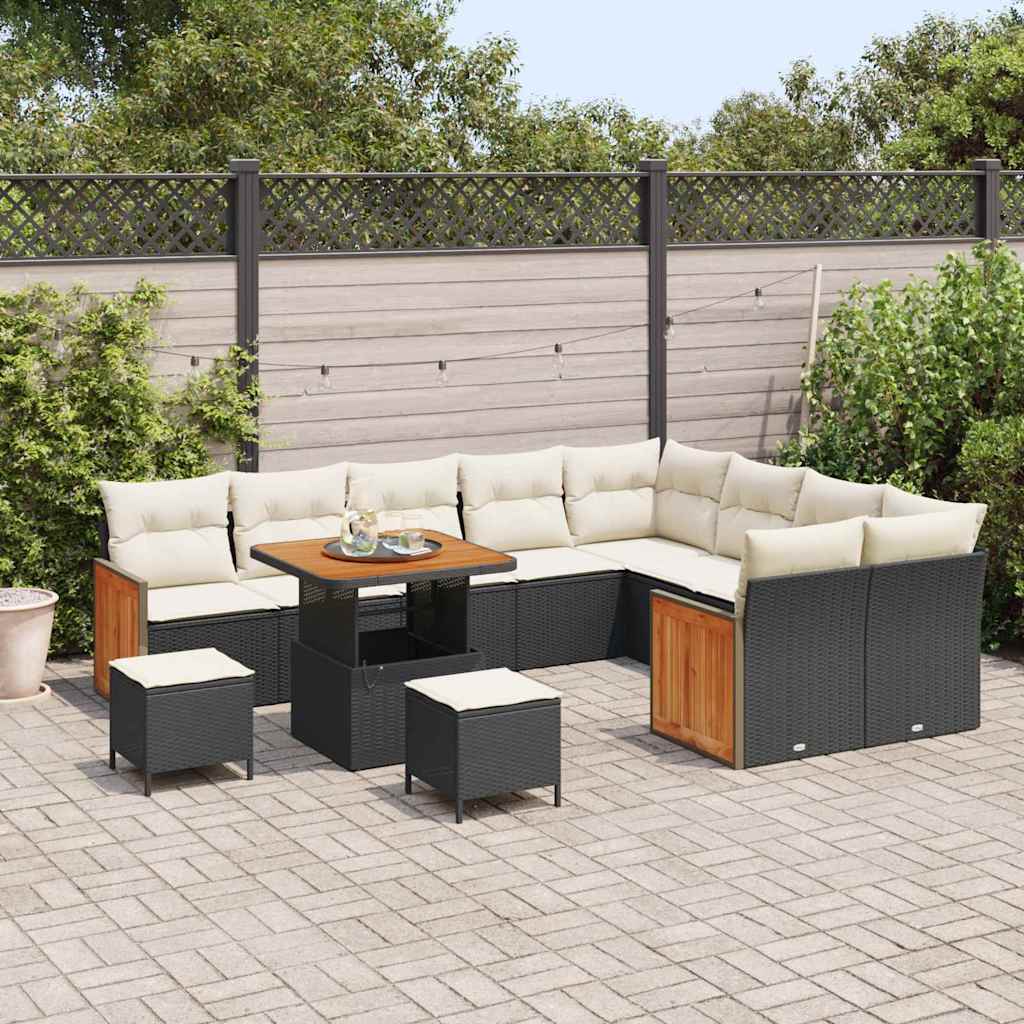 Conjunto de Sofá de Jardim 12 pcs Preto e Creme vime PE