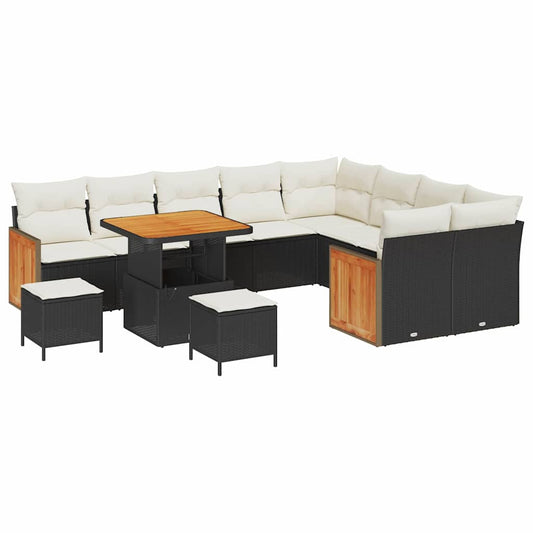 Conjunto de Sofá de Jardim 13 pcs Preto e Creme vime PE