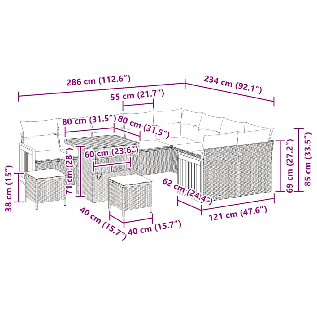 Conjunto de Sofá de Jardim 12 pcs Bege e Creme vime PE