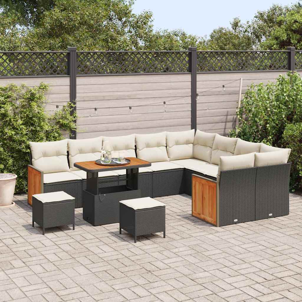 Conjunto de Sofá de Jardim 12 pcs Preto e Creme vime PE