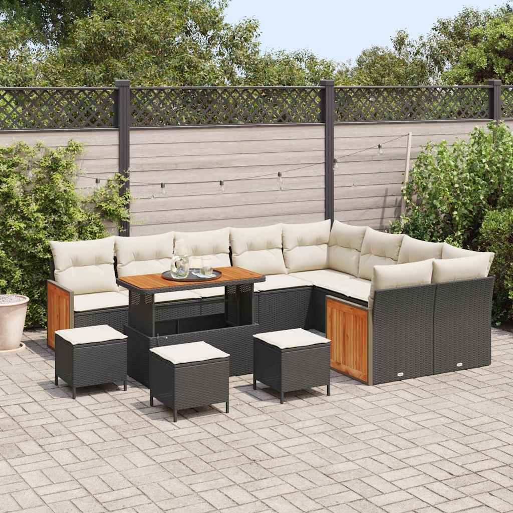 Conjunto de Sofá de Jardim 13 pcs Preto e Creme vime PE
