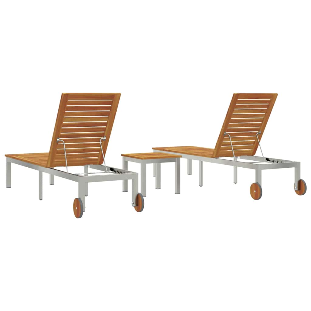 Camas de Sol 2pcs com Mesa 3 pcs Madeira de Acácia Sólida