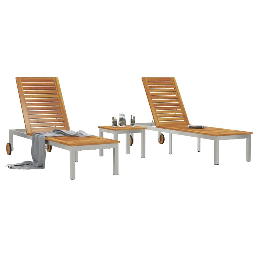 Camas de Sol 2pcs com Mesa 3 pcs Madeira de Acácia Sólida