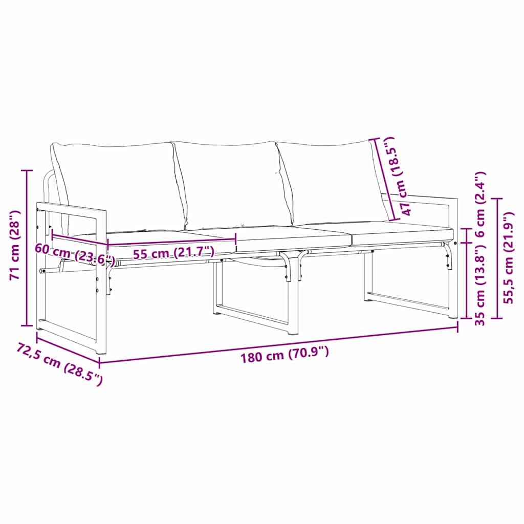 Móveis de Jardim com almofada Preto 180 x 72.5 x 71 cm Aço