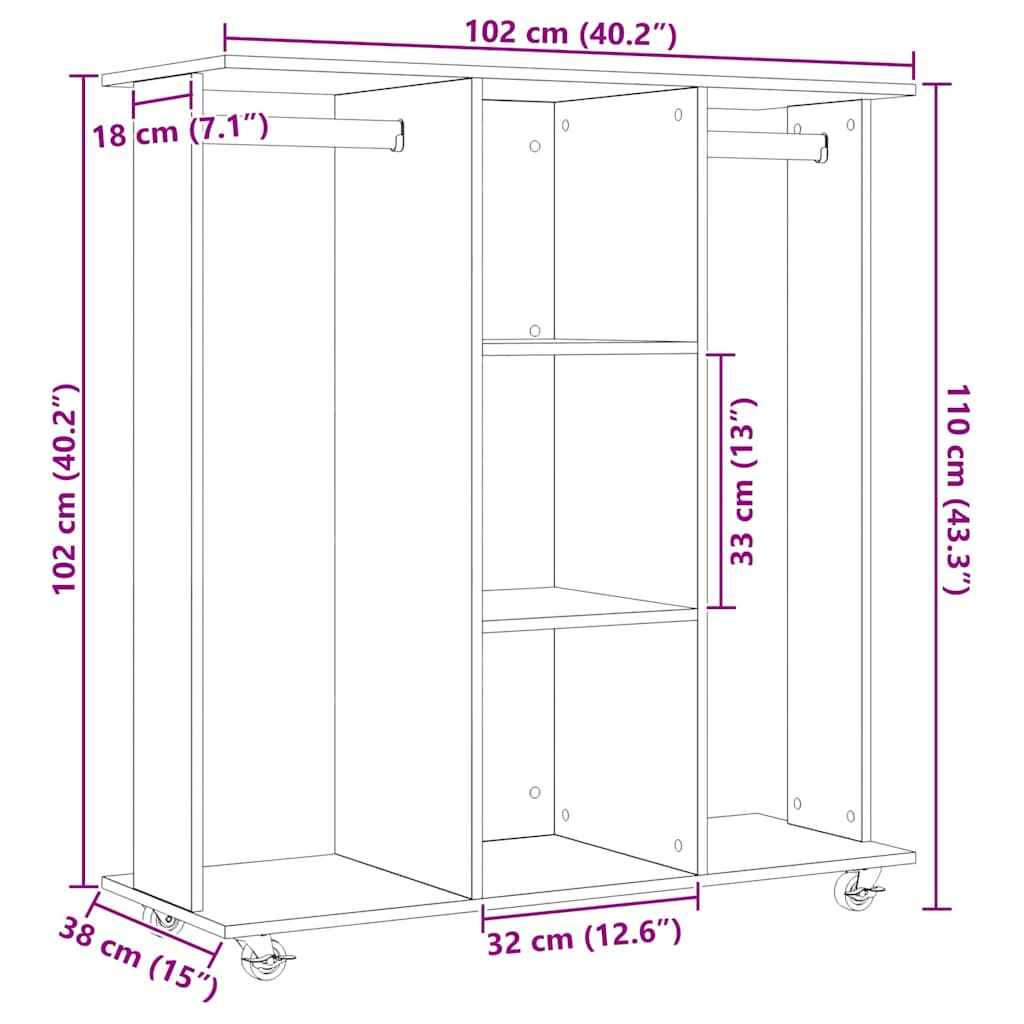 Guarda-roupa com roda carvalho artisiano 102 x 38 x 110 cm