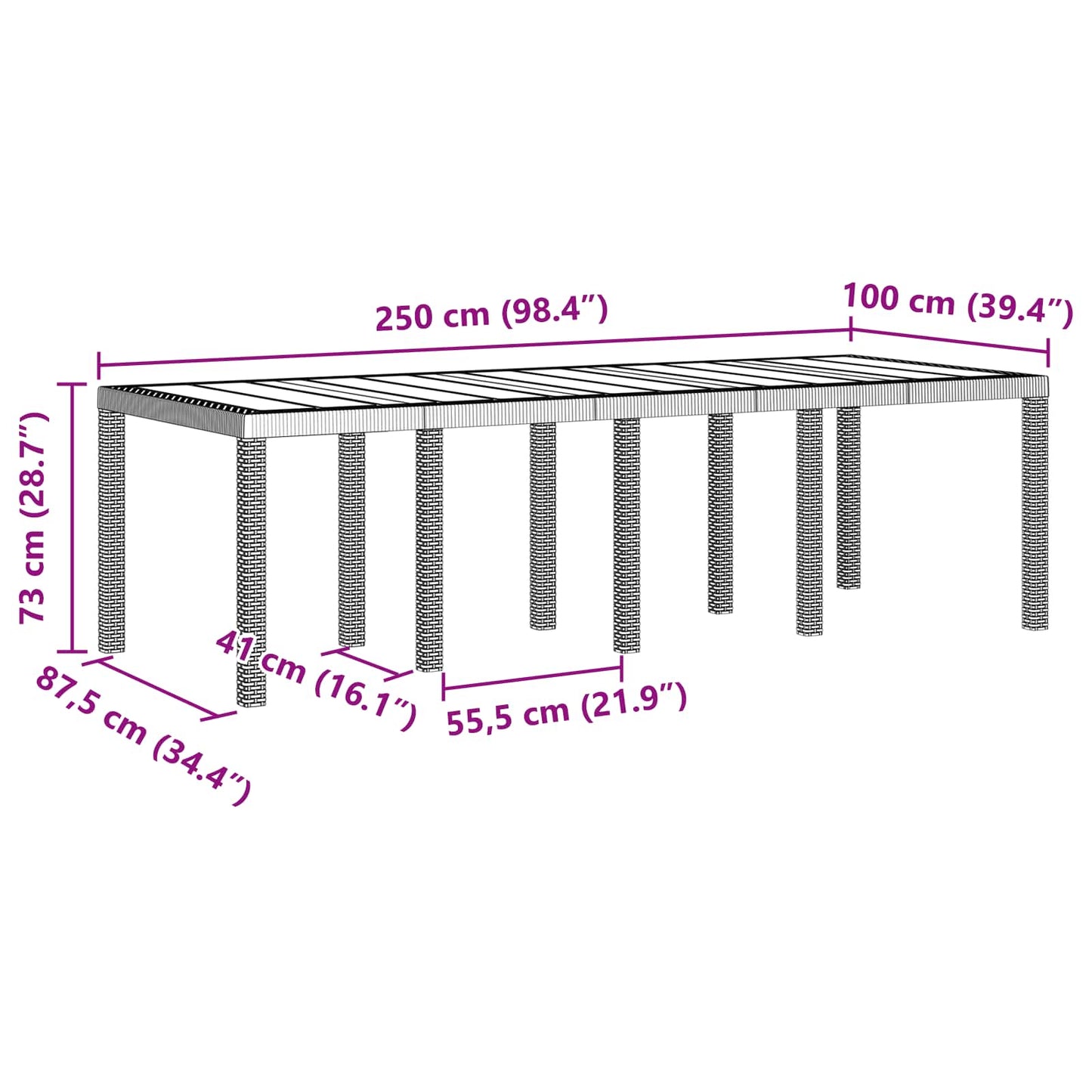 Mesa de Jantar para Jardim Antracite 250 x 100 x 73 cm vime PE