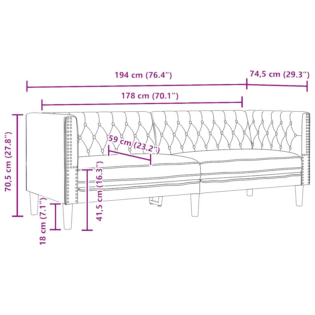 Sofá Chesterfield Preto 194 x 74,5 x 70,5 cm Couro sintético