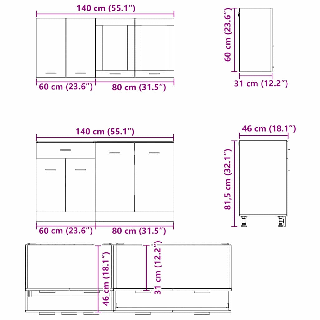 Conjunto de armários de cozinha Lyon 4 pcs Sonoma cinzento