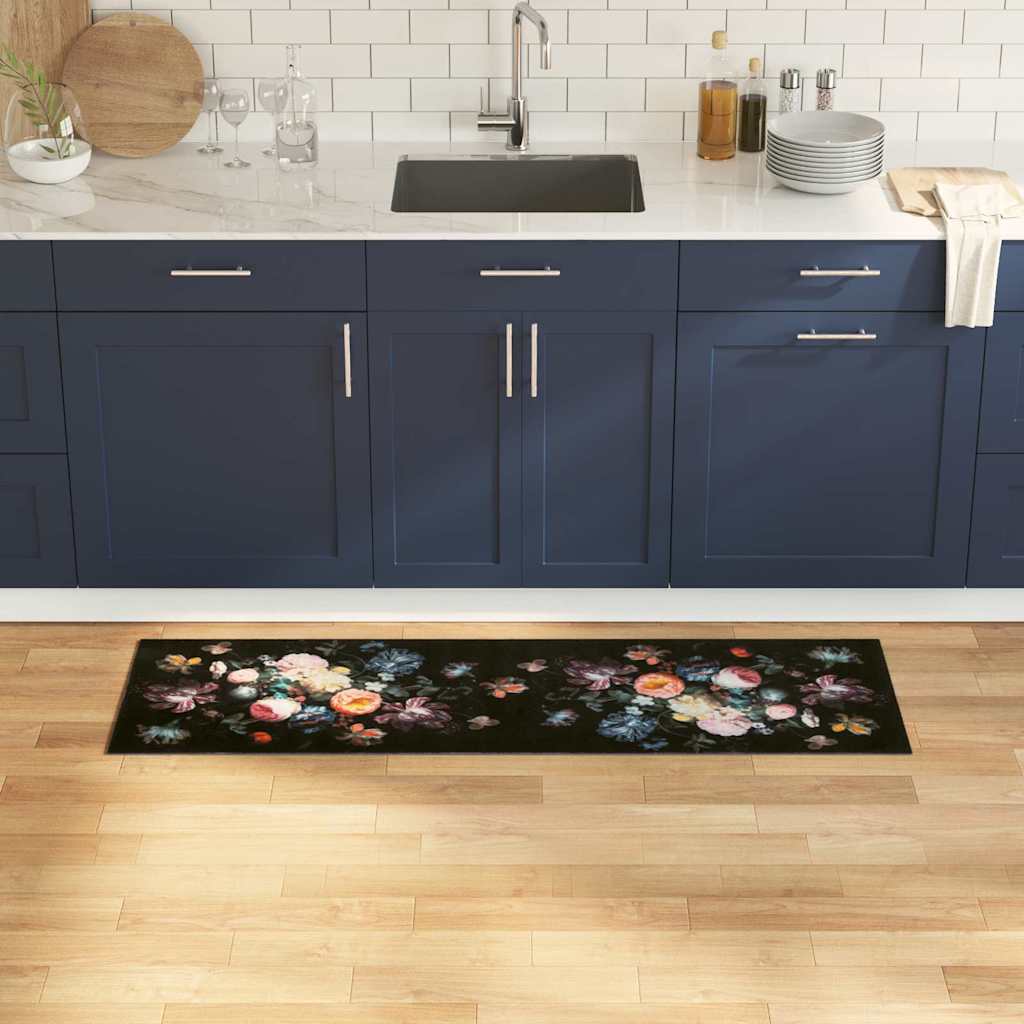 Tapete de Cozinha Floral Preto 150 x 45 cm Veludo