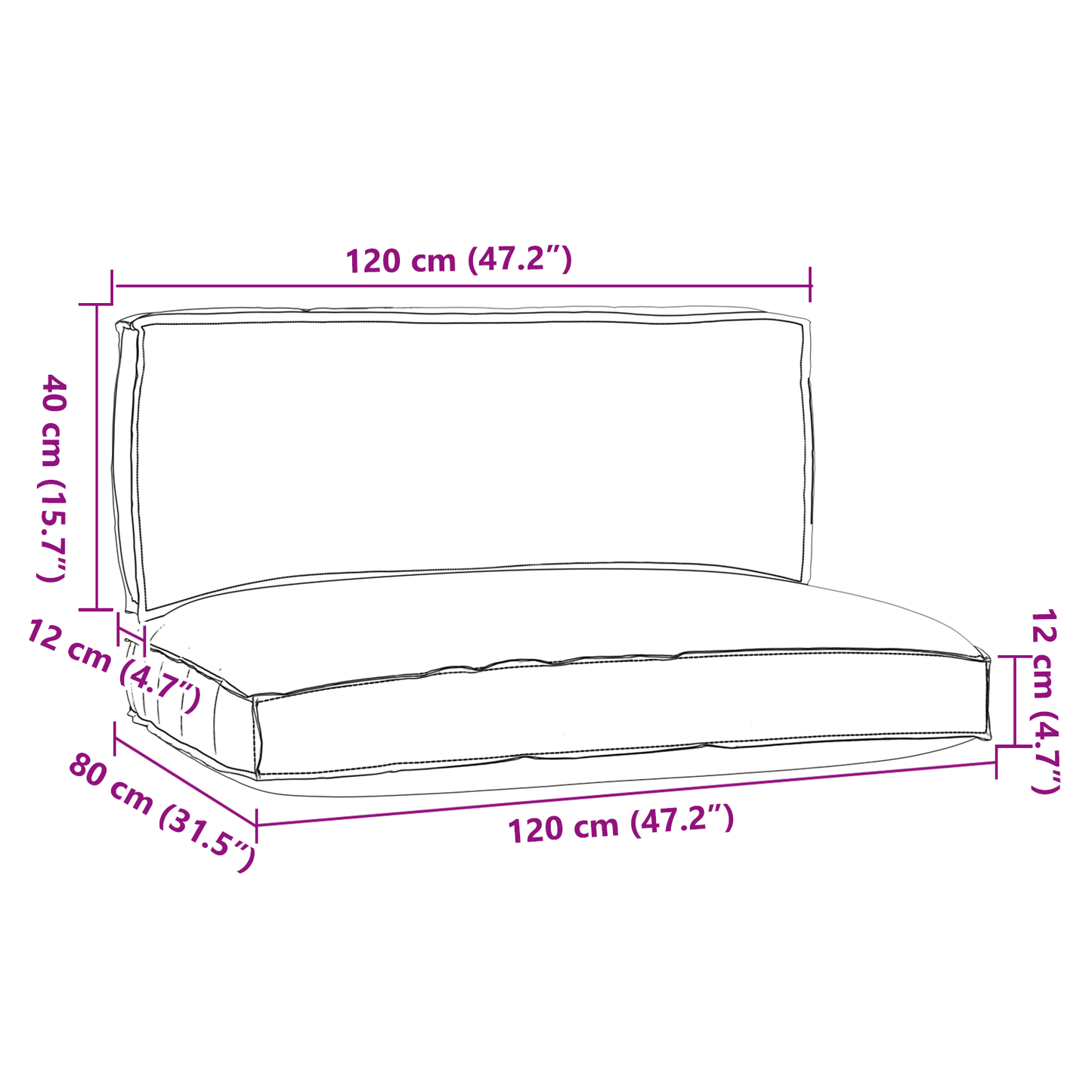 Conjunto de Almofadas para Palete 2 pcs Preto 120 x 80 x 12 cm