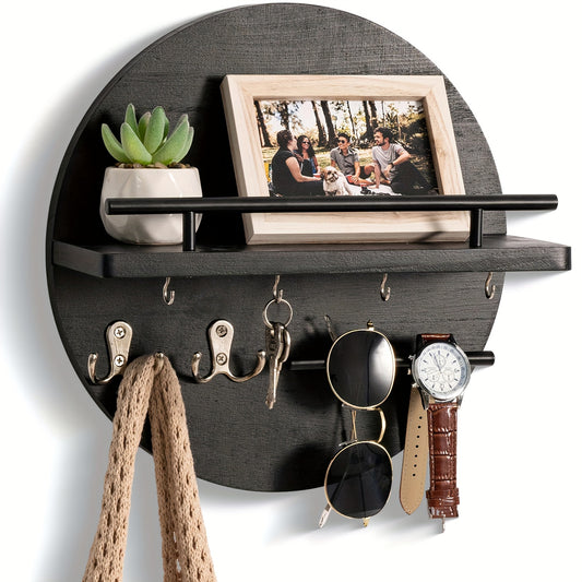 Rustic wooden key rack with shelf and hooks