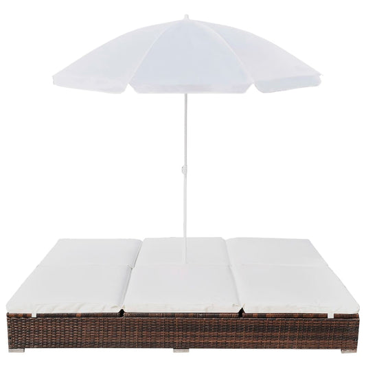 Espreguiçadeira de exterior com guarda-sol vime PE castanho