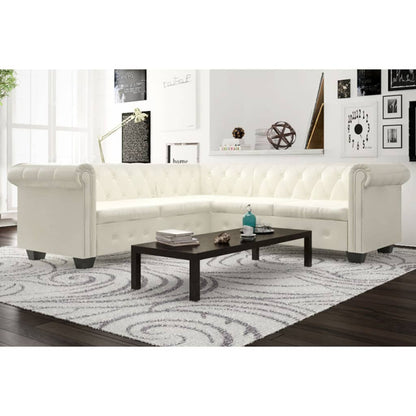 Sofá de canto Chesterfield 5 lugares couro artificial branco