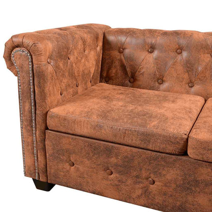 Sofá de canto Chesterfield 6 lugares couro artificial castanho