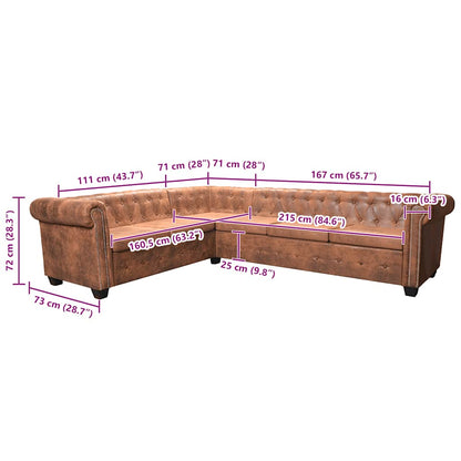 Sofá de canto Chesterfield 6 lugares couro artificial castanho