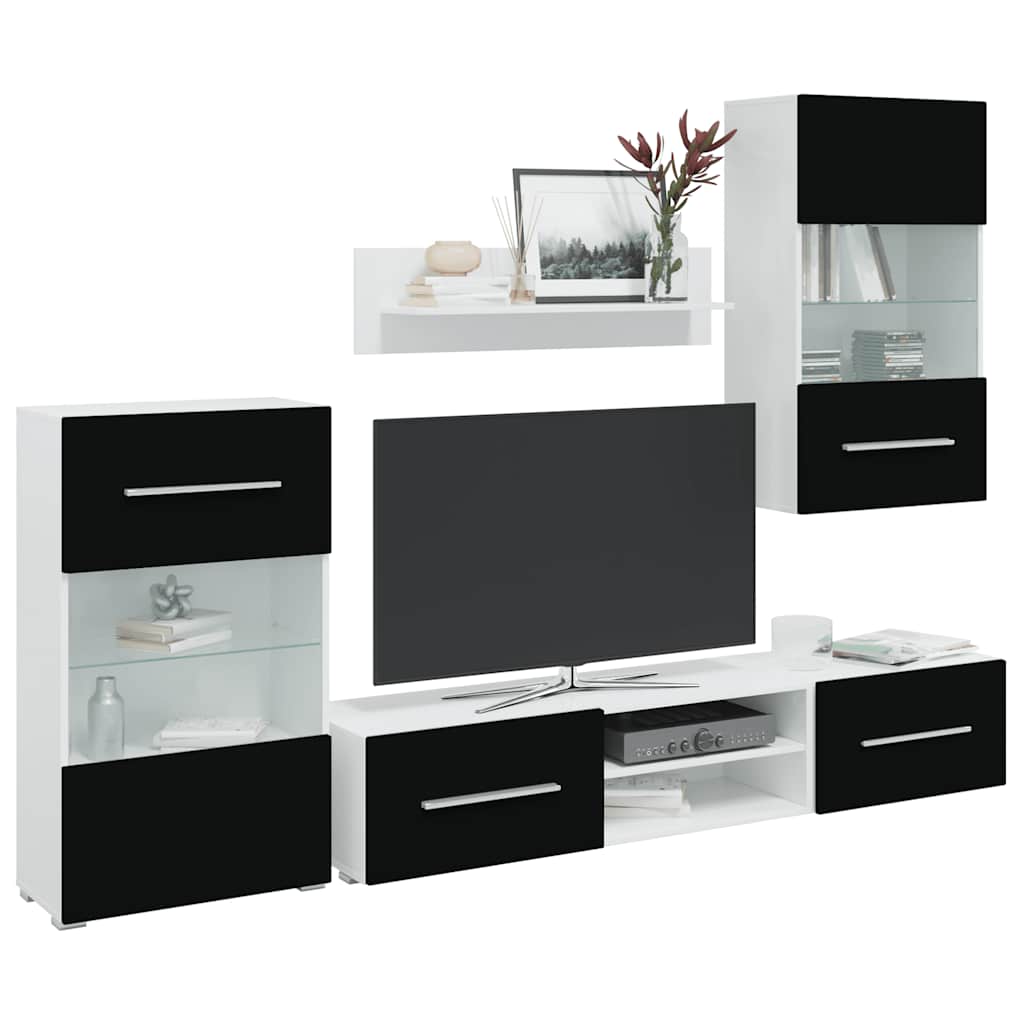 Armários de parede para TV com luz LED preto, 5 pcs
