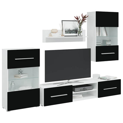 Armários de parede para TV com luz LED preto, 5 pcs