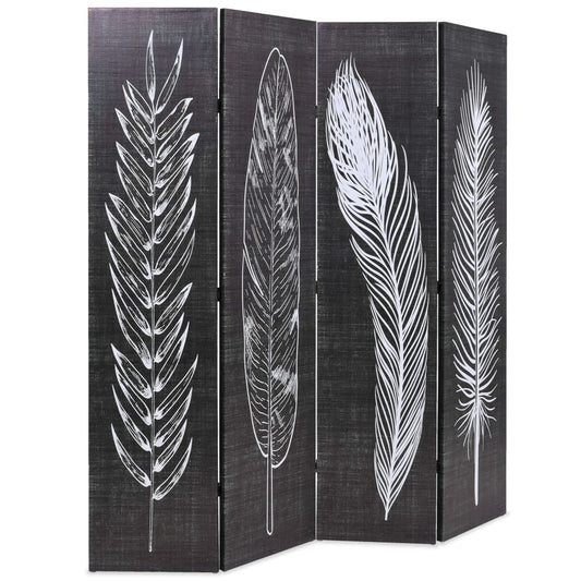 Biombo dobrável com estampa de penas 160x170 cm preto e branco