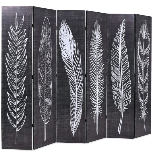 Biombo dobrável com estampa de penas 228x170 cm preto e branco