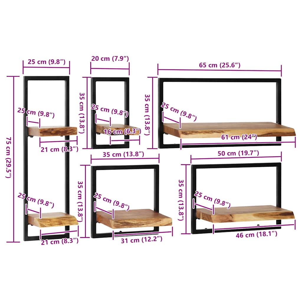 Conjunto prateleiras de parede 5 pcs madeira acácia maciça/aço