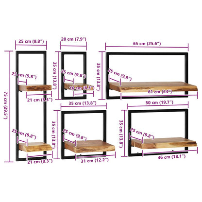 Conjunto prateleiras de parede 5 pcs madeira acácia maciça/aço