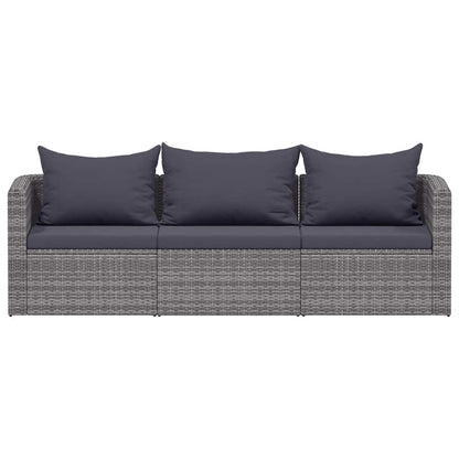 3 pcs conjunto sofás de jardim c/ almofadões vime PE cinzento