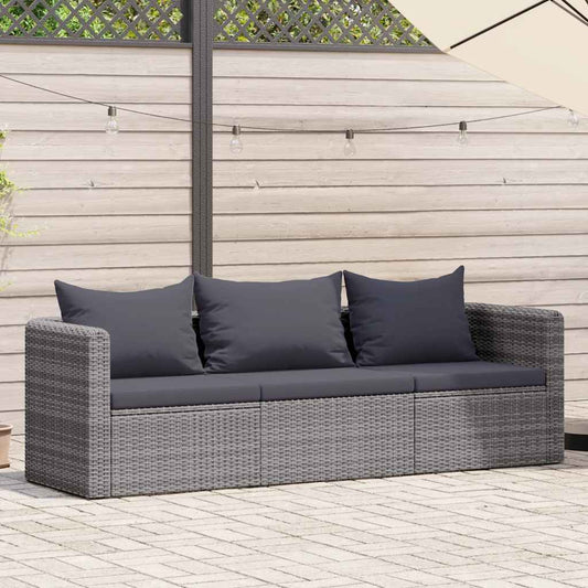 3 pcs conjunto sofás de jardim c/ almofadões vime PE cinzento
