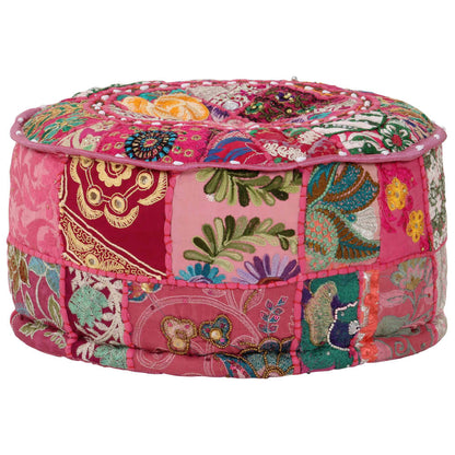 Pufe de retalhos redondo algodão artesanal 40x20 cm rosa