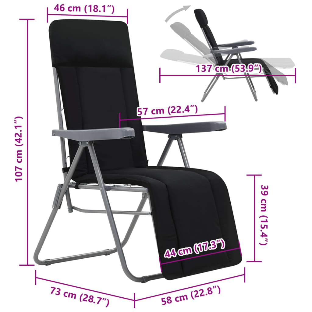 Cadeiras de jardim dobráveis com almofadões 2 pcs preto