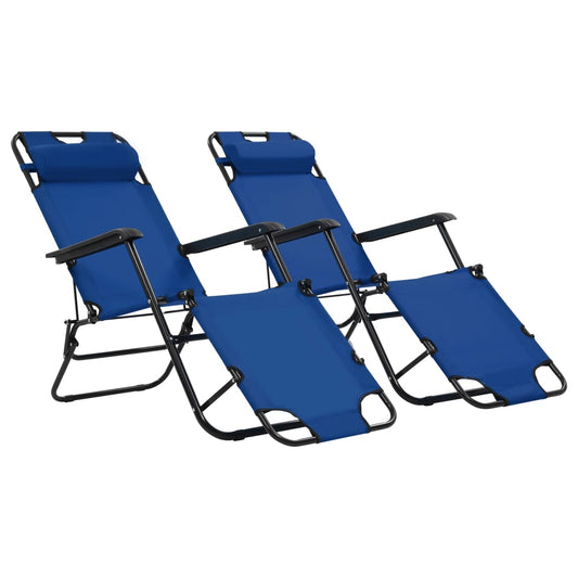 Espreguiçadeiras dobráveis com apoios de pé 2 pcs aço azul
