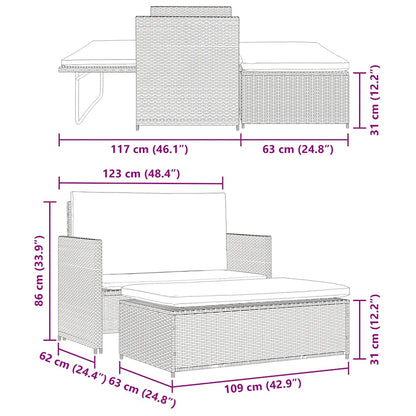 2 pcs conjunto lounge de jardim c/ almofadões vime PE cinzento