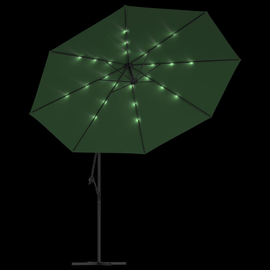 Guarda-sol cantilever c/ luzes LED e poste metal 350 cm verde
