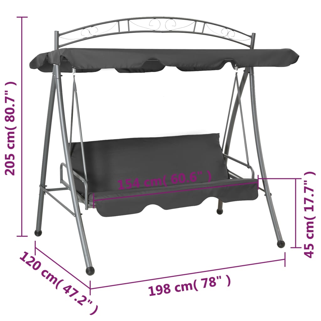 Baloiço jardim convertível + toldo 198x120x205cm aço antracite