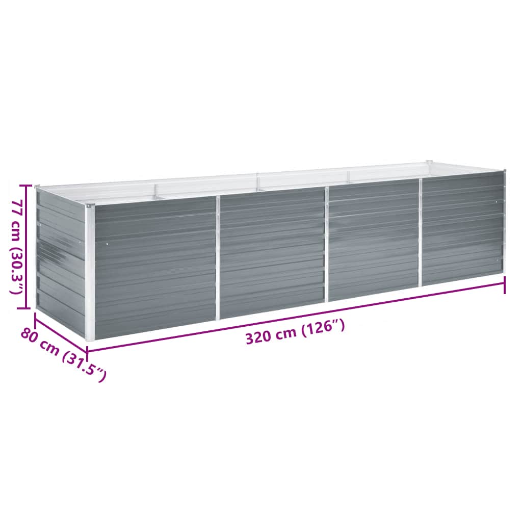 Canteiro elevado de jardim aço galvanizado 320x80x77cm cinzento