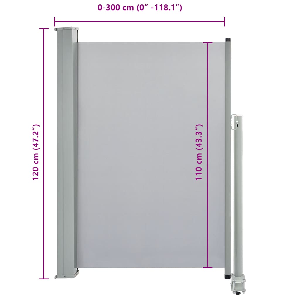 Toldo lateral retrátil para pátio 120x300 cm cinzento