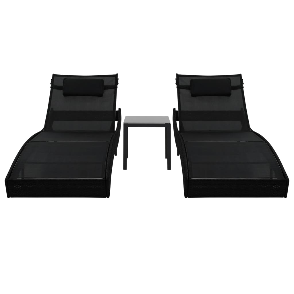 Espreguiçadeiras com mesa 2 pcs vime PE e textilene preto