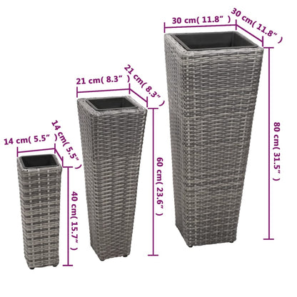 Vasos/floreiras de jardim elevados 3 pcs vime PE cinzento