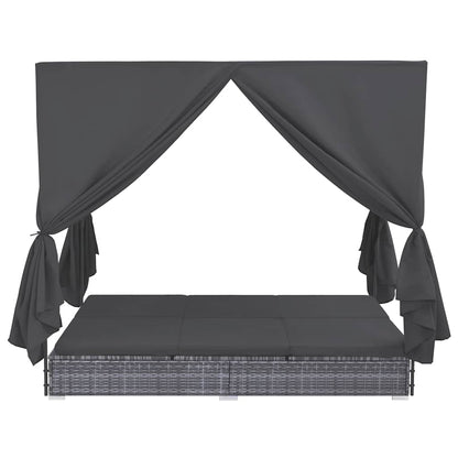 Espreguiçadeira de exterior com cortinas em vime PE cinzento