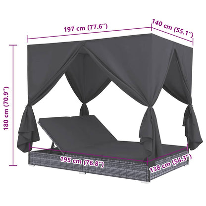 Espreguiçadeira de exterior com cortinas em vime PE cinzento