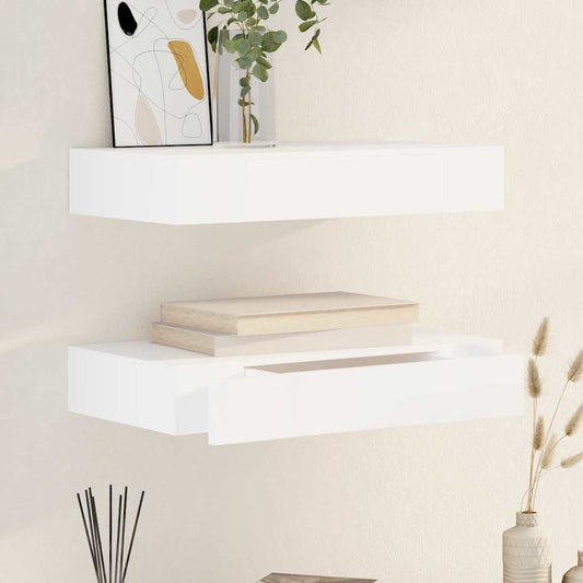 Prateleiras de parede suspensas com gavetas 2 pcs branco 48 cm