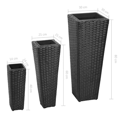 Floreiras de jardim altas 3 pcs vime PE preto