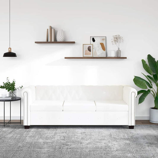 Sofá Chesterfield de 3 lugares em couro artificial branco