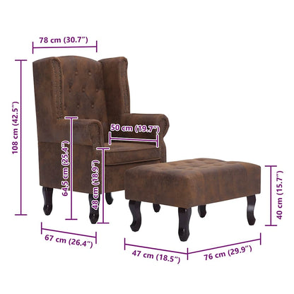 Poltrona e apoio para pés camurça artificial castanho