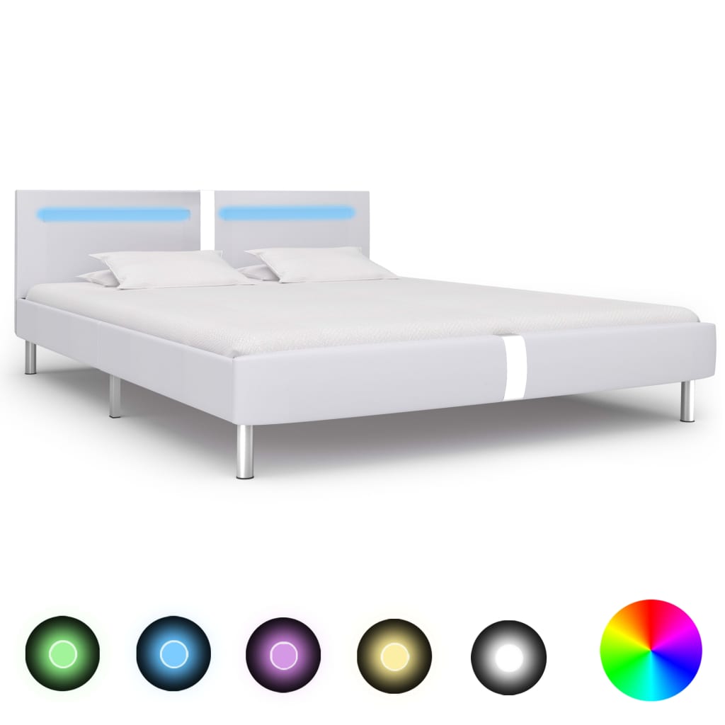 Estrutura de cama c/ LEDs 180x200 cm couro artificial branco