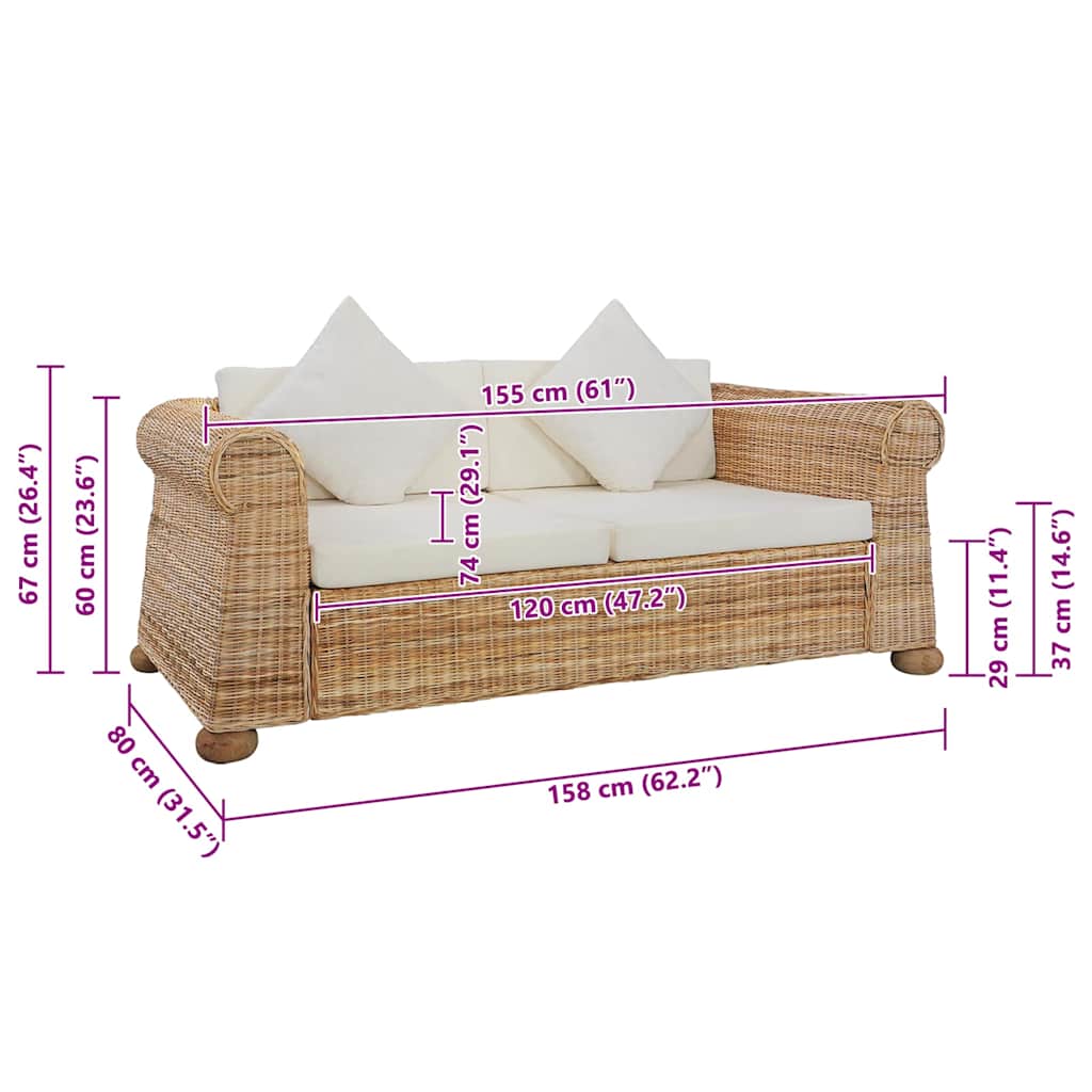 Sofá de 2 lugares com almofadões em vime genuíno