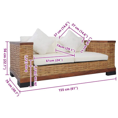 Sofá de 2 lugares com almofadões vime genuíno castanho